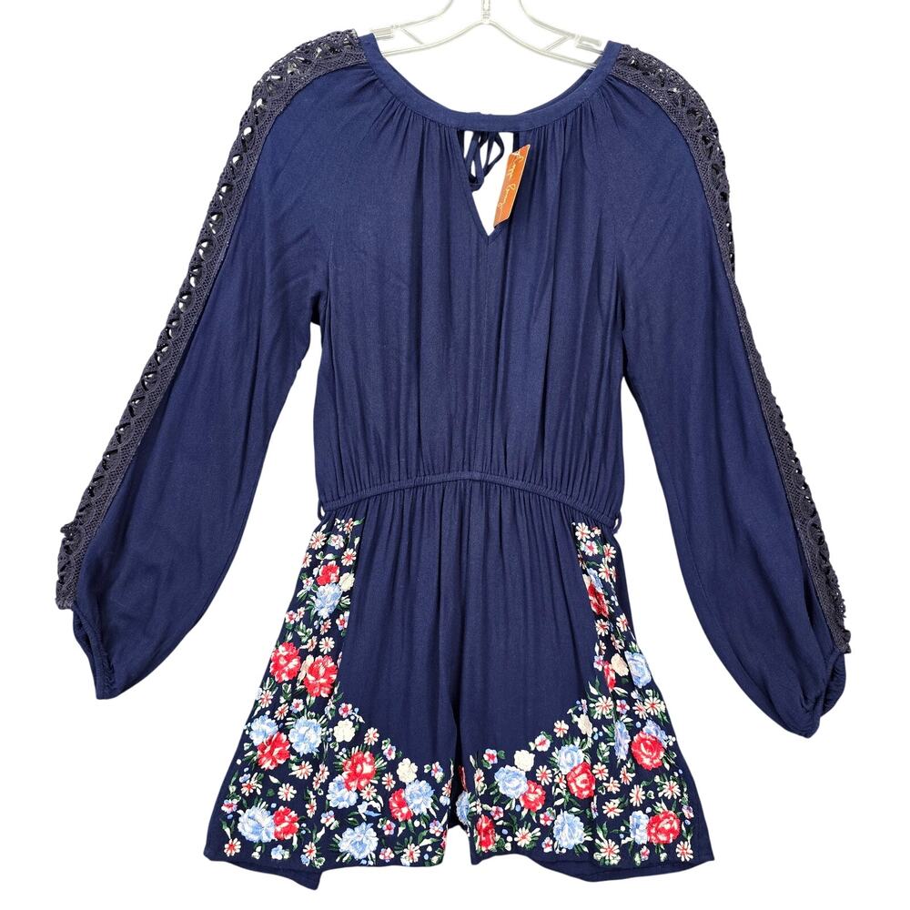Rahi Cali Copper Penny Blue Floral Romper NEW $99 Shorts Long Sleeves Women's XS